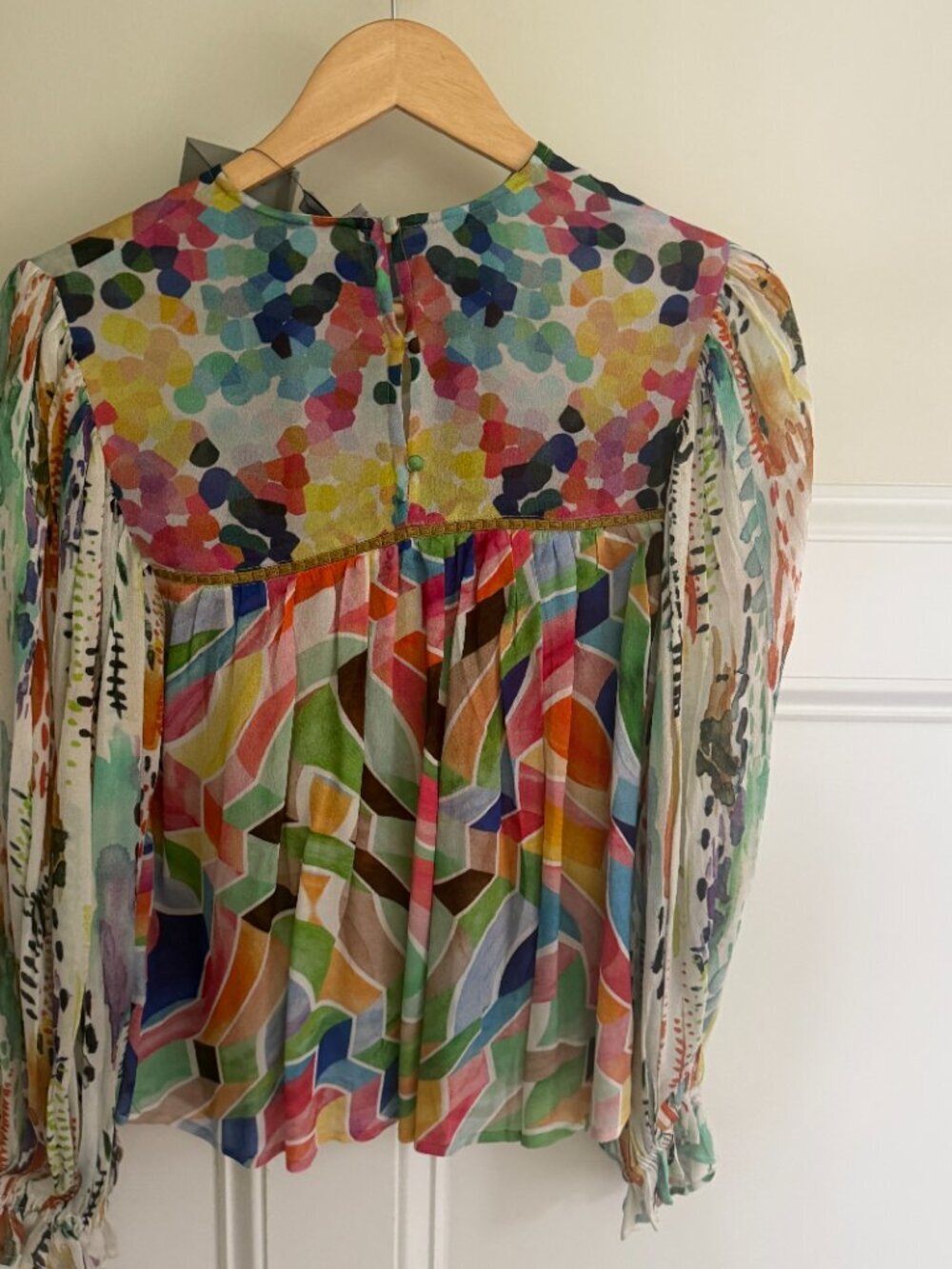 Anthropologie Bl-Nk Miranda Peasant Blouse Green Motif XXS - Picture 5 of 7